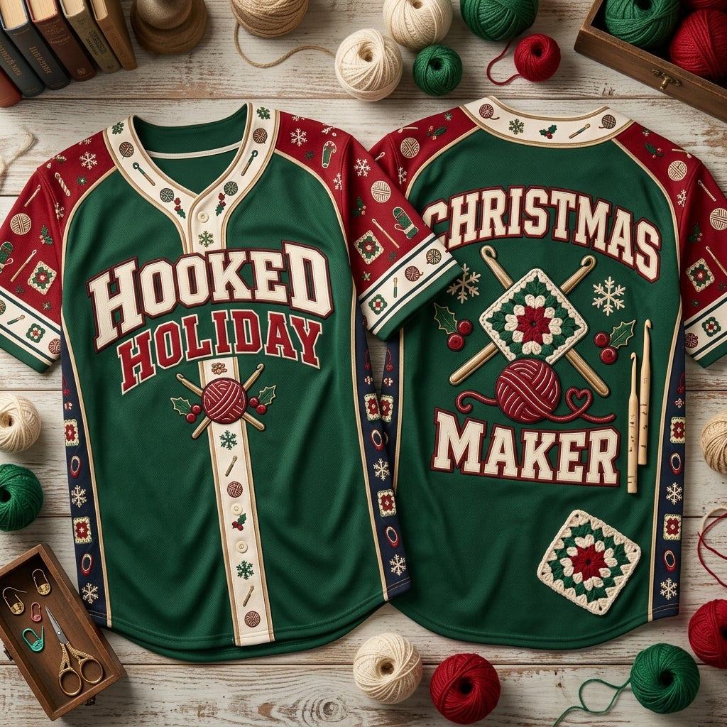 Hooked Holiday Christmas Maker Crochet Baseball Jersey - Festive Crafter Gift - mockup 2