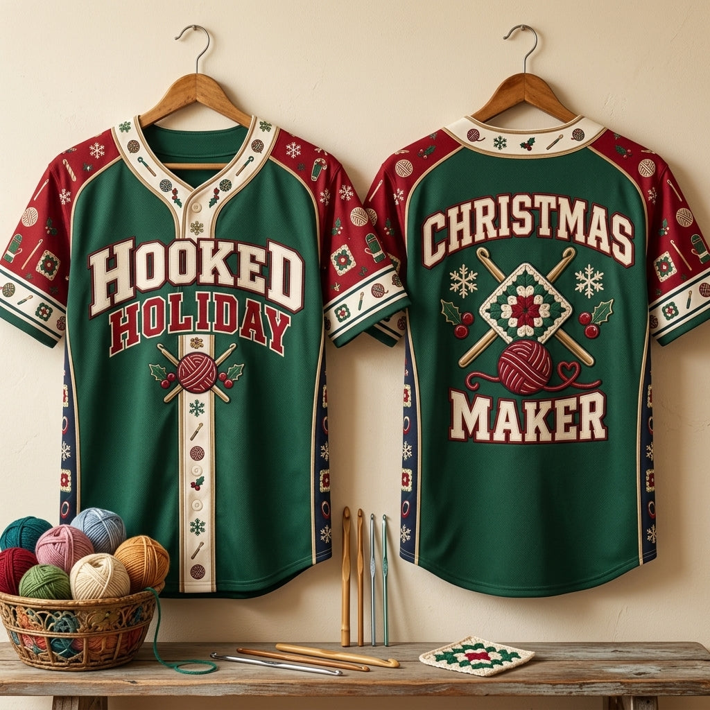 Hooked Holiday Christmas Maker Crochet Baseball Jersey - Festive Crafter Gift - mockup 3
