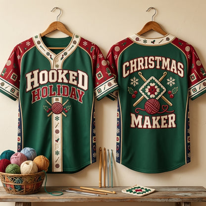 Hooked Holiday Christmas Maker Crochet Baseball Jersey - Festive Crafter Gift - mockup 3