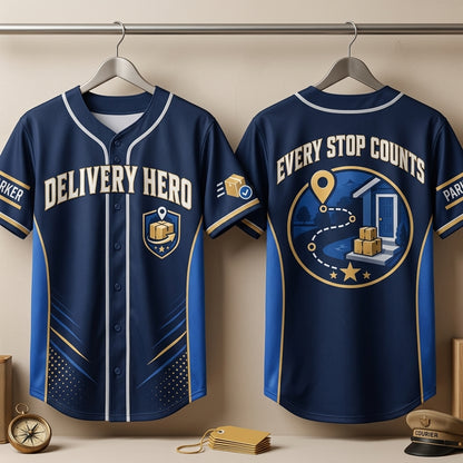 Personalized Delivery Hero Baseball Jersey - Custom Name Courier Apparel - mockup 3