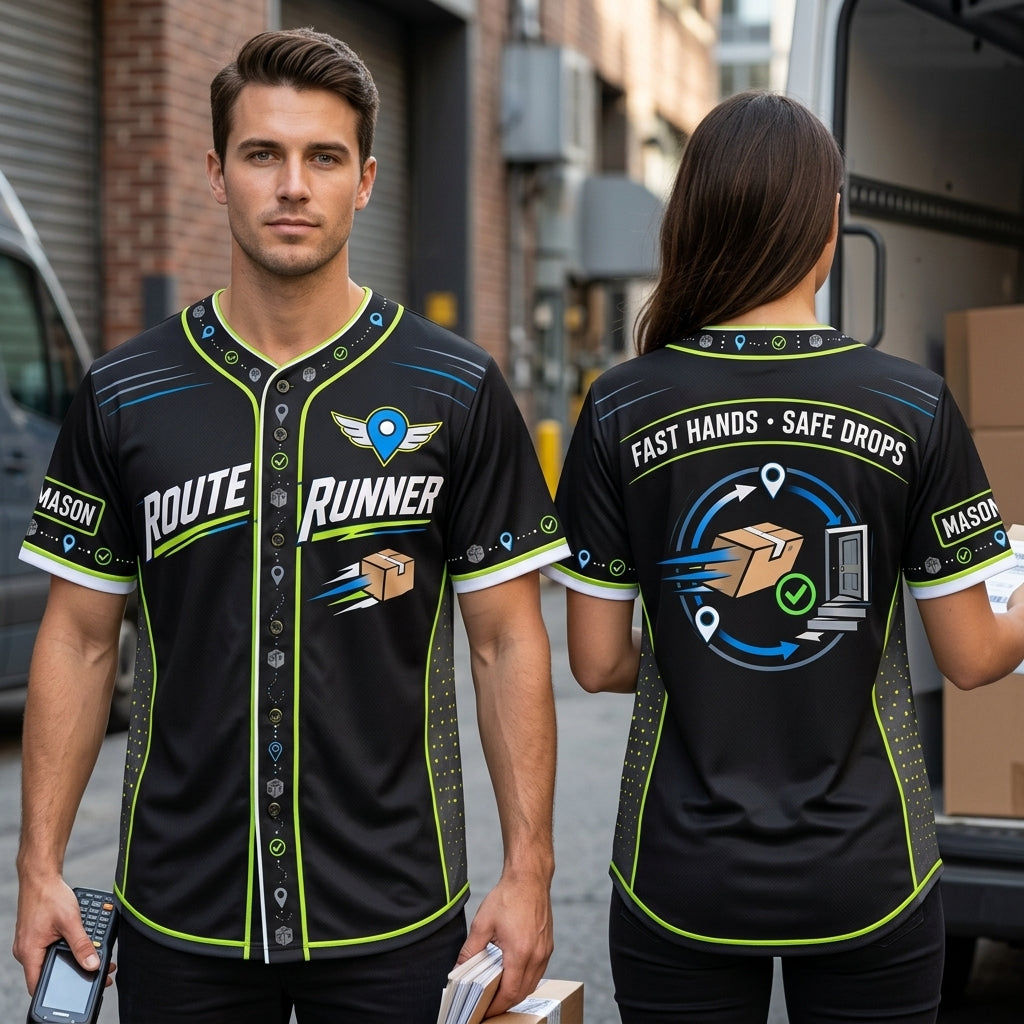 Custom Route Runner Delivery Driver Baseball Jersey – Personalized Name Apparel - mockup 1