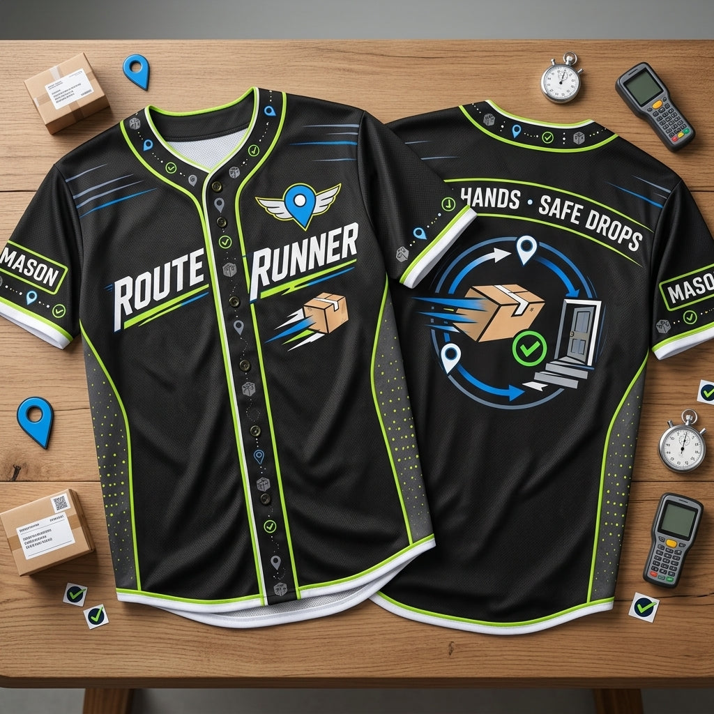 Custom Route Runner Delivery Driver Baseball Jersey – Personalized Name Apparel - mockup 2