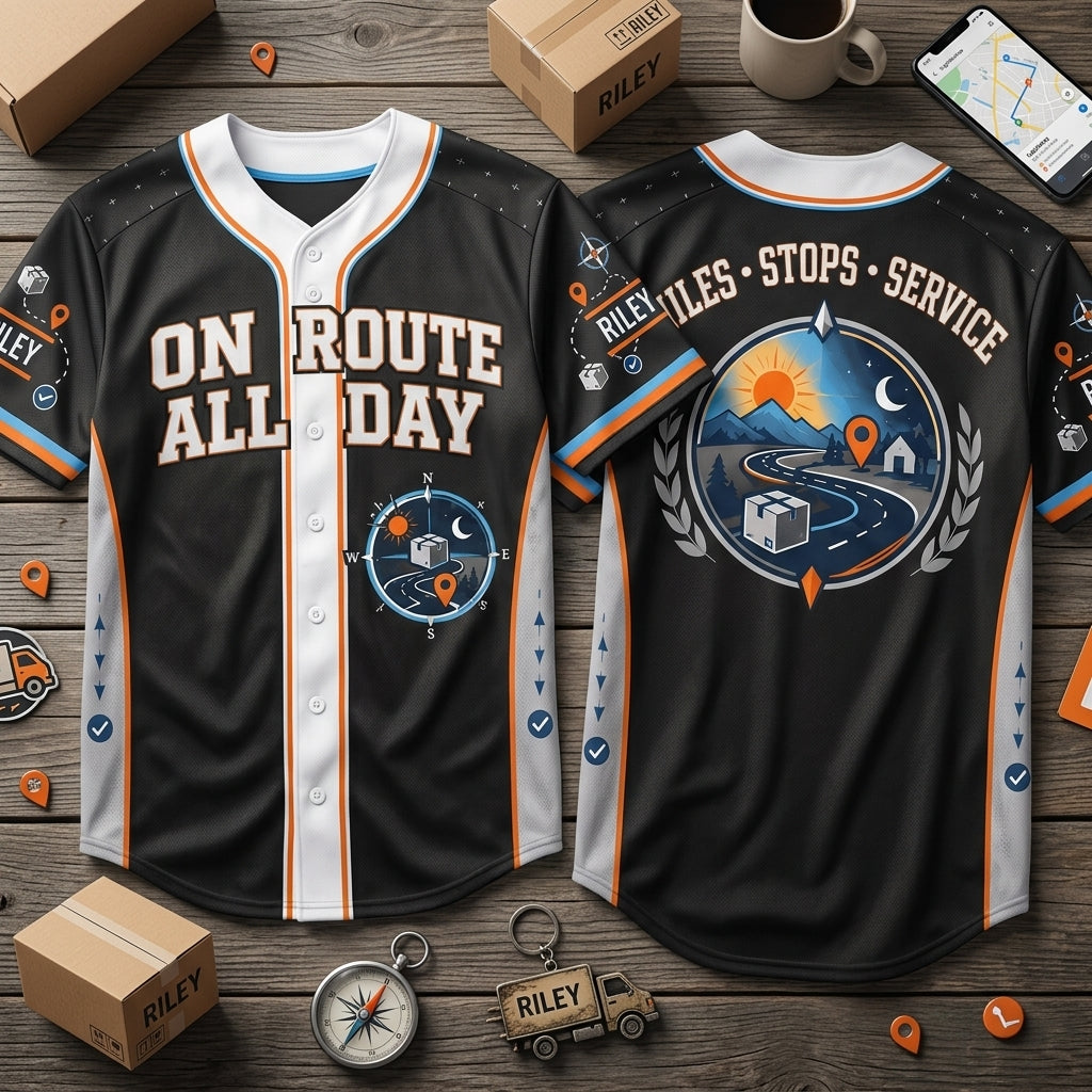 Custom On Route All Day Delivery Driver Baseball Jersey - Personalized Courier Gift - mockup 2