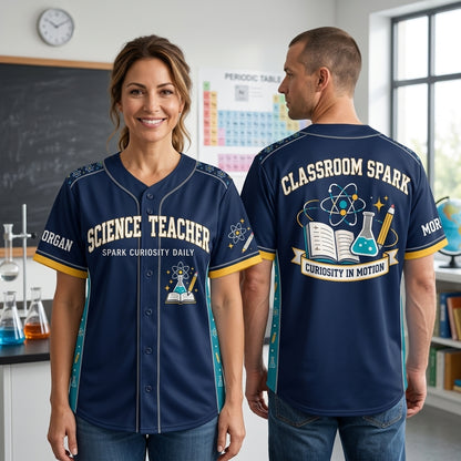 Custom Science Teacher Classroom Spark Baseball Jersey - Personalized Name - mockup 1