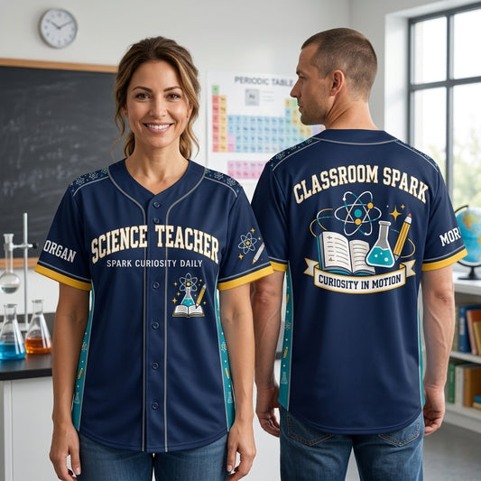 Custom Science Teacher Classroom Spark Baseball Jersey - Personalized Name - mockup 1