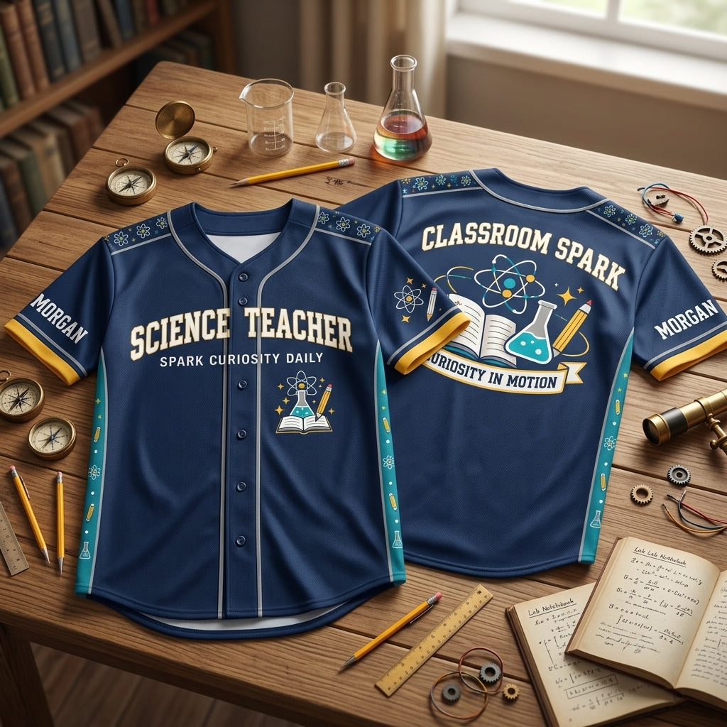 Custom Science Teacher Classroom Spark Baseball Jersey - Personalized Name - mockup 2