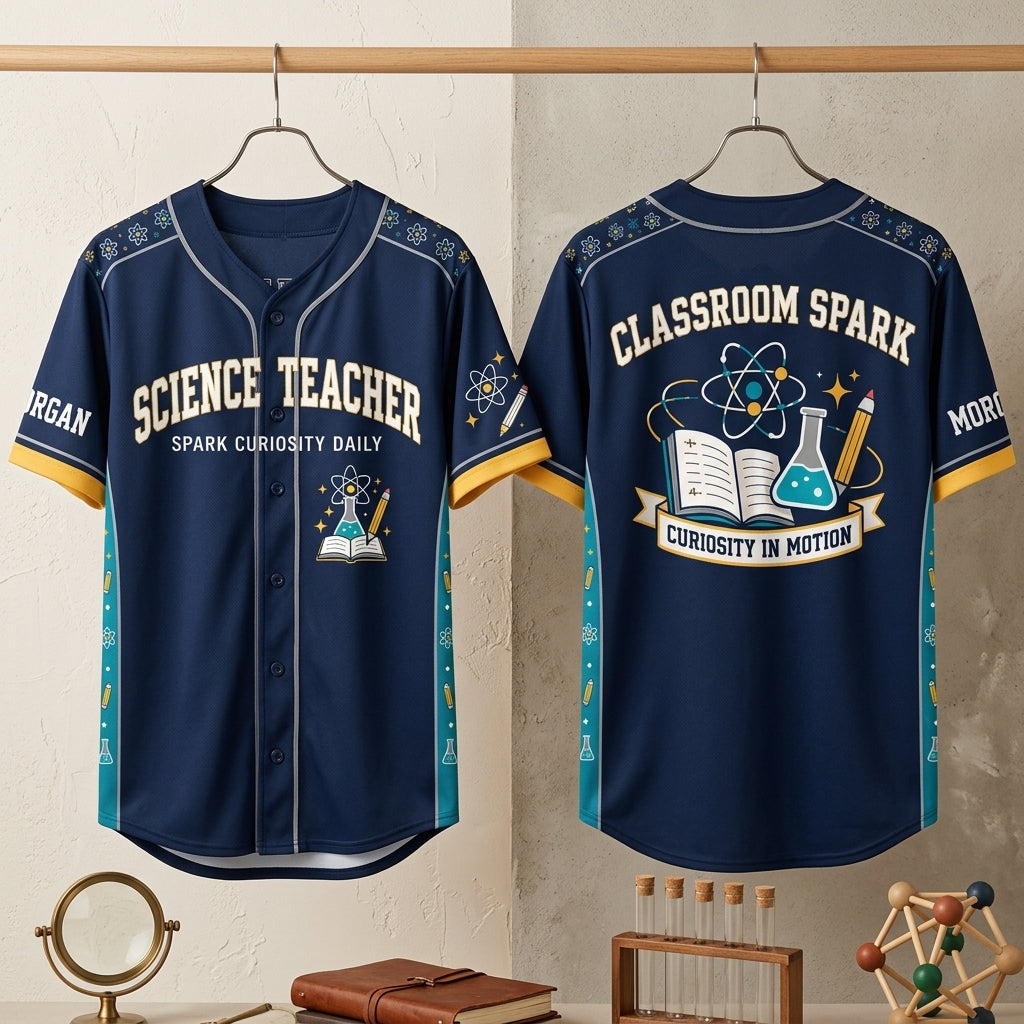 Custom Science Teacher Classroom Spark Baseball Jersey - Personalized Name - mockup 3