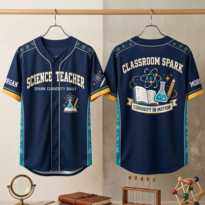 Custom Science Teacher Classroom Spark Baseball Jersey - Personalized Name - mockup 3
