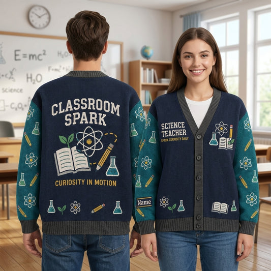 Personalized Science Teacher Classroom Knitted Cardigan - Custom STEM Educator Gift - mockup 1