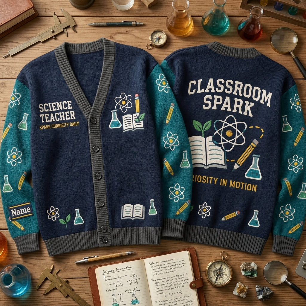 Personalized Science Teacher Classroom Knitted Cardigan - Custom STEM Educator Gift - mockup 2