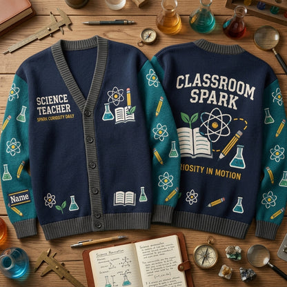 Personalized Science Teacher Classroom Knitted Cardigan - Custom STEM Educator Gift - mockup 2