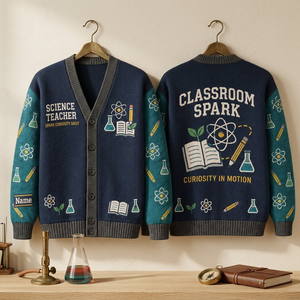 Personalized Science Teacher Classroom Knitted Cardigan - Custom STEM Educator Gift - mockup 3