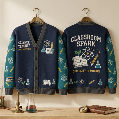 Personalized Science Teacher Classroom Knitted Cardigan - Custom STEM Educator Gift - mockup 3