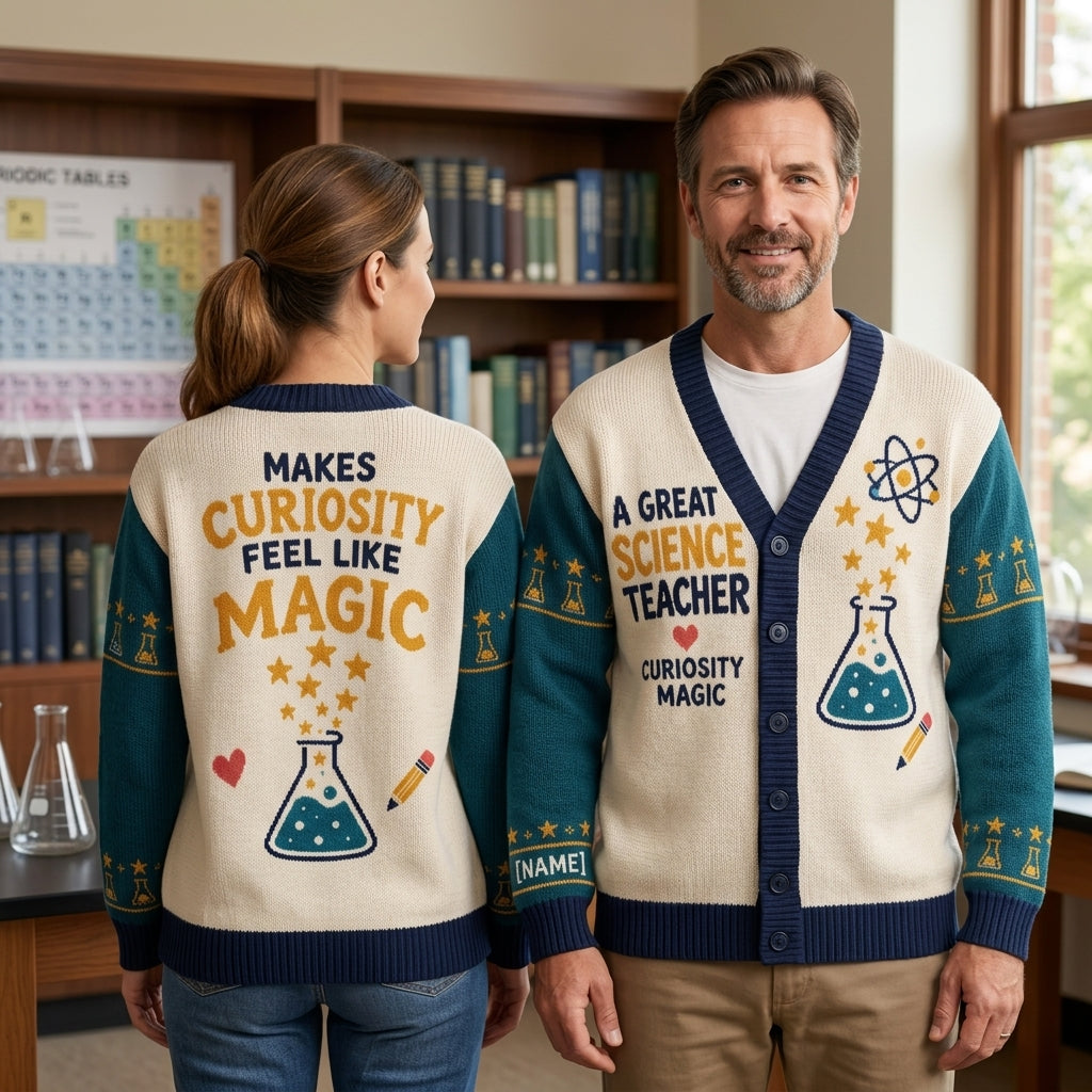Personalized Science Teacher Appreciation Knitted Cardigan – Gift for Educators - mockup 1