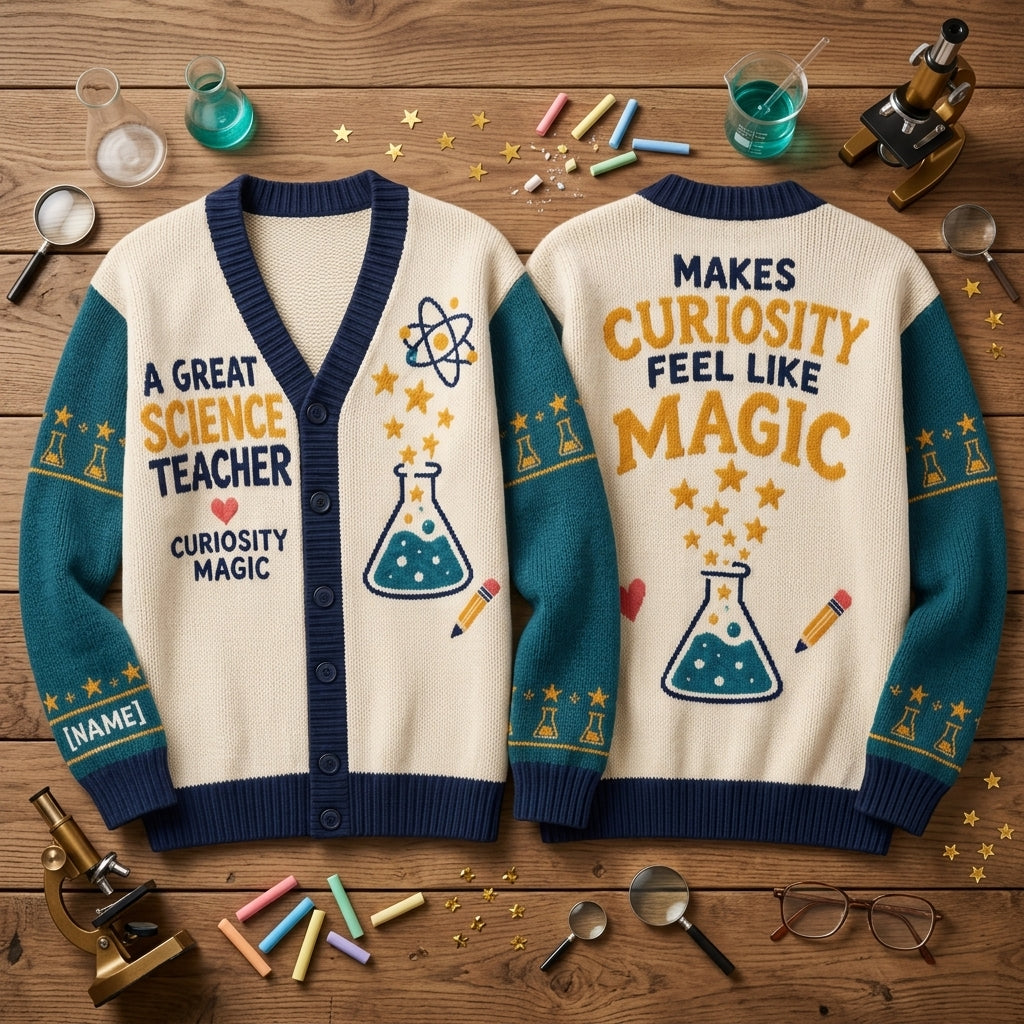 Personalized Science Teacher Appreciation Knitted Cardigan – Gift for Educators - mockup 2