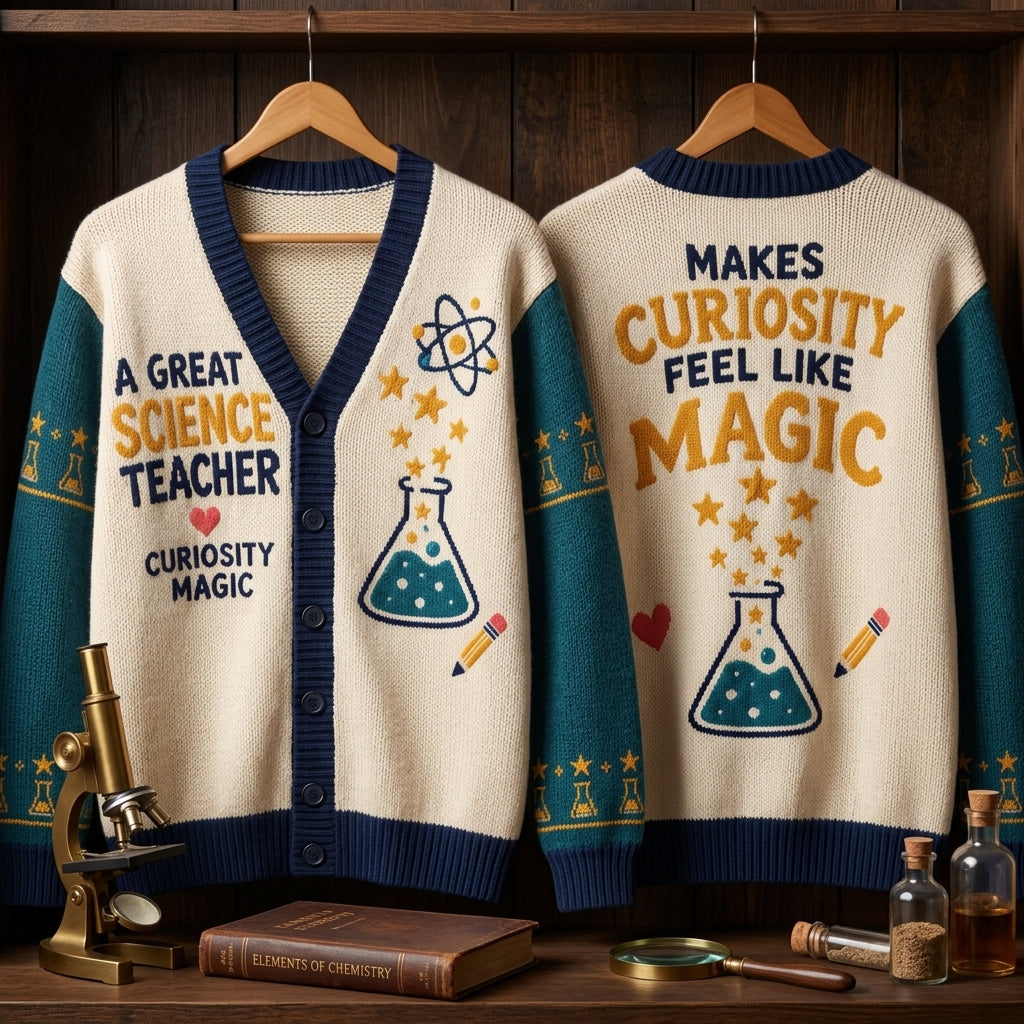 Personalized Science Teacher Appreciation Knitted Cardigan – Gift for Educators - mockup 3