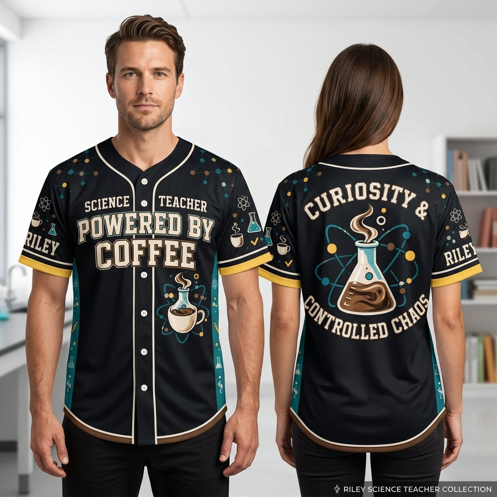 Custom Powered by Coffee Funny Science Teacher Baseball Jersey – Curiosity & Controlled Chaos - mockup 1