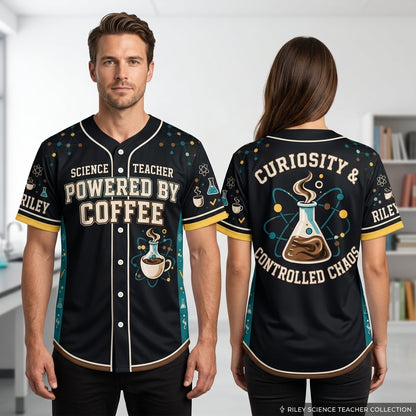 Custom Powered by Coffee Funny Science Teacher Baseball Jersey – Curiosity & Controlled Chaos - mockup 1