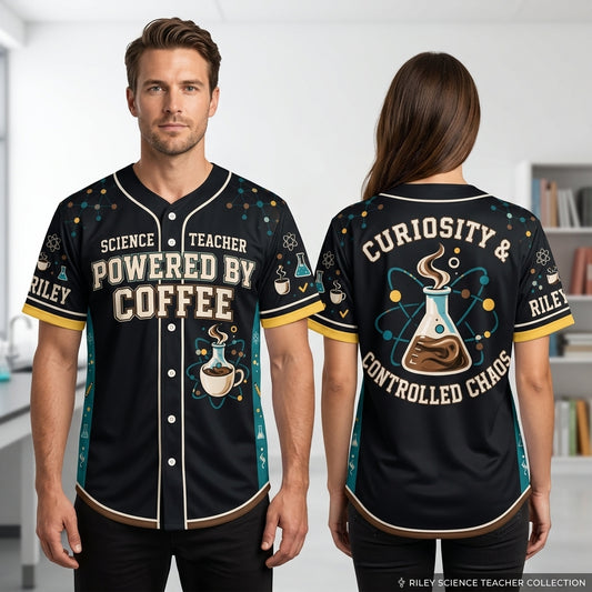 Custom Powered by Coffee Funny Science Teacher Baseball Jersey – Curiosity & Controlled Chaos - mockup 1