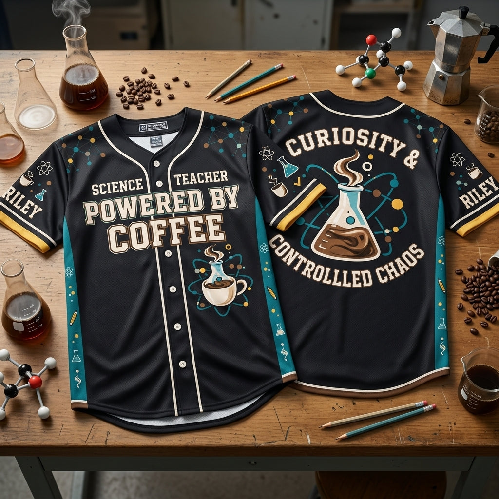 Custom Powered by Coffee Funny Science Teacher Baseball Jersey – Curiosity & Controlled Chaos - mockup 2
