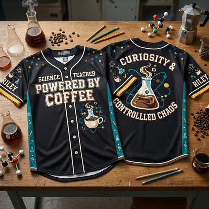 Custom Powered by Coffee Funny Science Teacher Baseball Jersey – Curiosity & Controlled Chaos - mockup 2