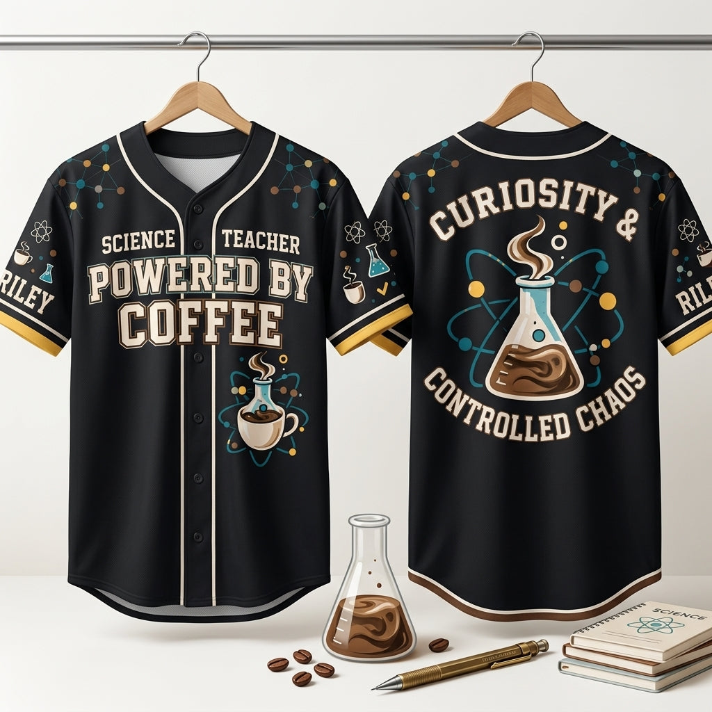 Custom Powered by Coffee Funny Science Teacher Baseball Jersey – Curiosity & Controlled Chaos - mockup 3