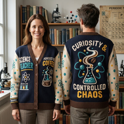 Personalized Funny Science Teacher Knitted Cardigan - Curiosity & Controlled Chaos - mockup 1
