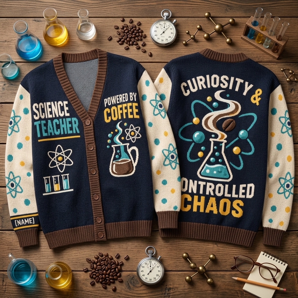 Personalized Funny Science Teacher Knitted Cardigan - Curiosity & Controlled Chaos - mockup 2