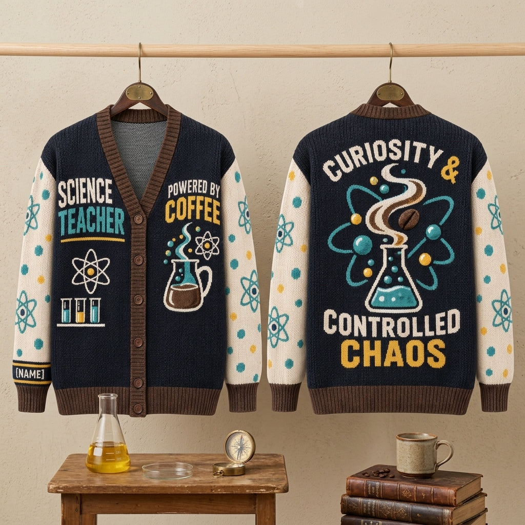 Personalized Funny Science Teacher Knitted Cardigan - Curiosity & Controlled Chaos - mockup 3