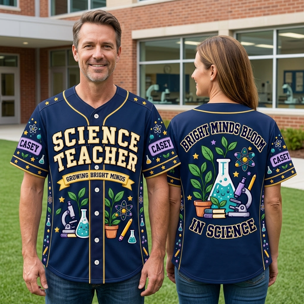Custom Cute Science Teacher Doodles Baseball Jersey – Growing Bright Minds Gift - mockup 1