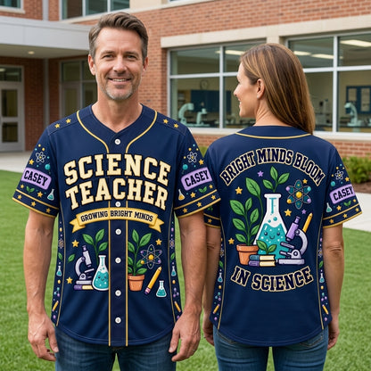 Custom Cute Science Teacher Doodles Baseball Jersey – Growing Bright Minds Gift - mockup 1
