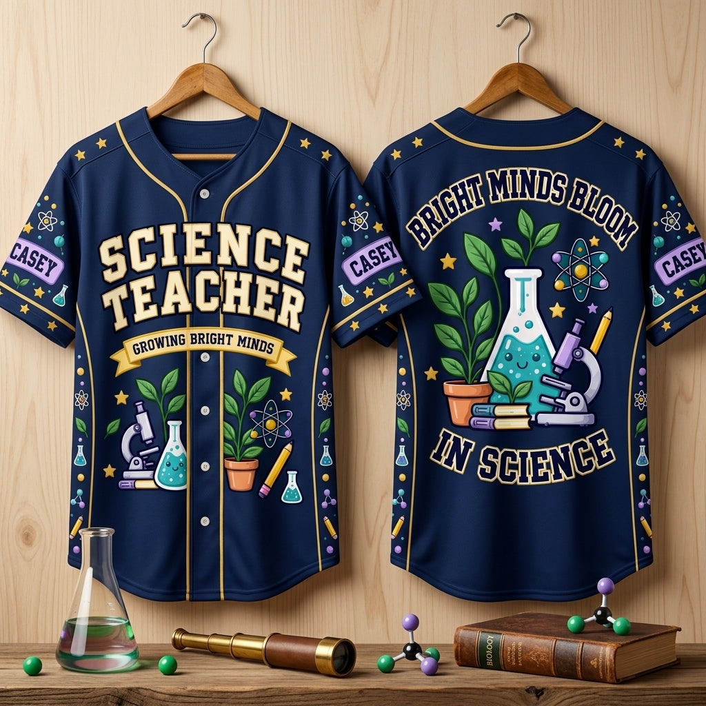 Custom Cute Science Teacher Doodles Baseball Jersey – Growing Bright Minds Gift - mockup 3