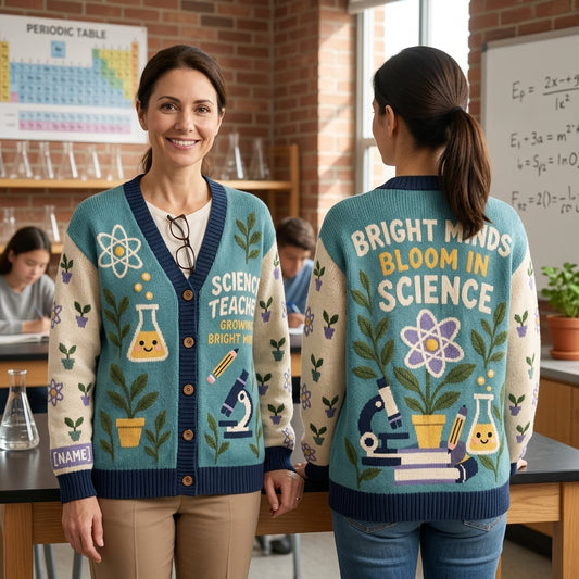 Personalized Cute Science Teacher Knitted Cardigan – Growing Bright Minds Gift - mockup 1