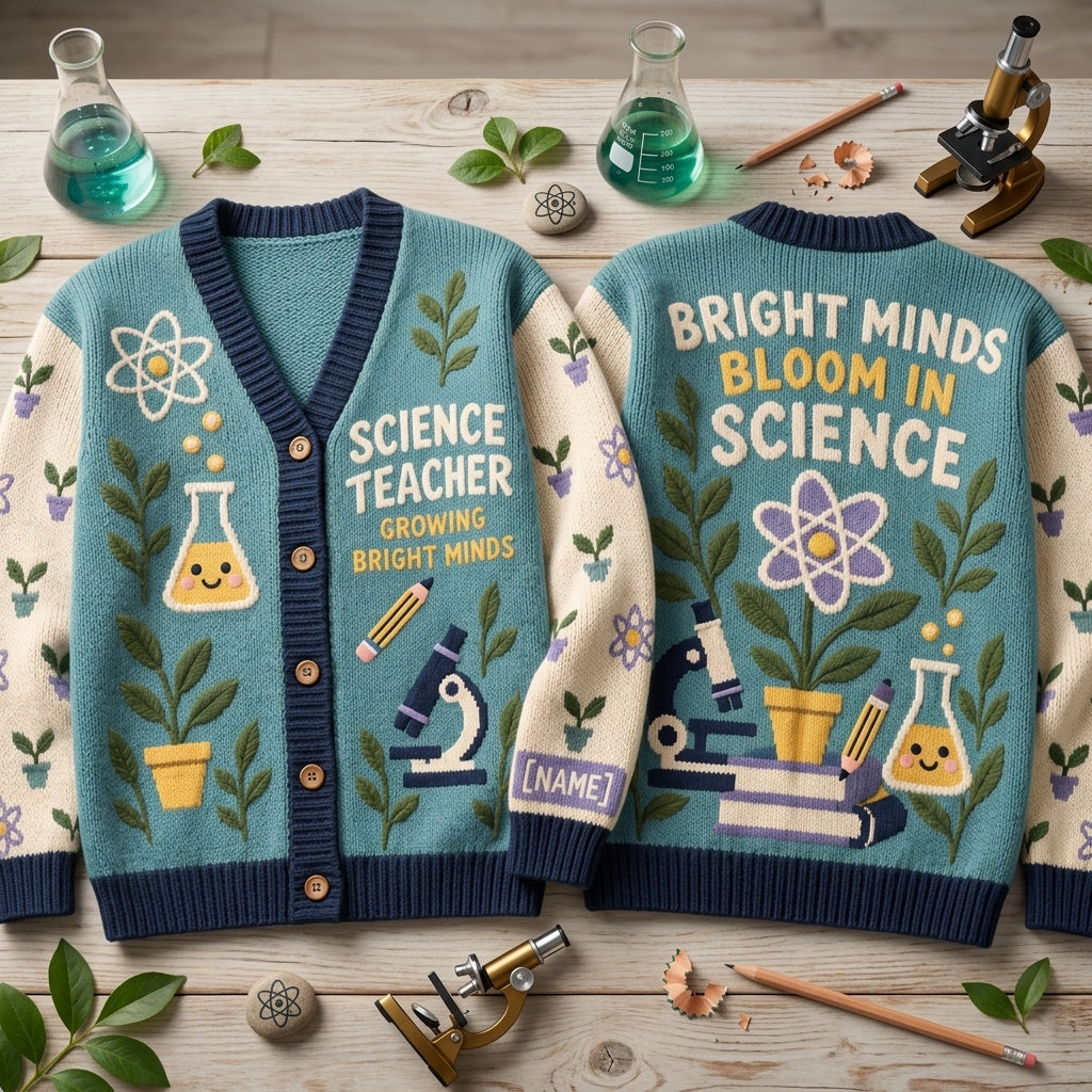 Personalized Cute Science Teacher Knitted Cardigan – Growing Bright Minds Gift - mockup 2