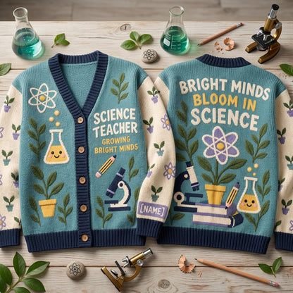 Personalized Cute Science Teacher Knitted Cardigan – Growing Bright Minds Gift - mockup 2