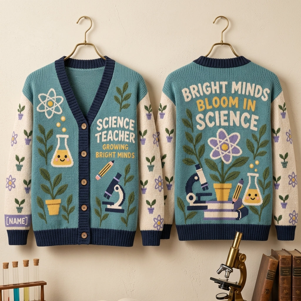 Personalized Cute Science Teacher Knitted Cardigan – Growing Bright Minds Gift - mockup 3