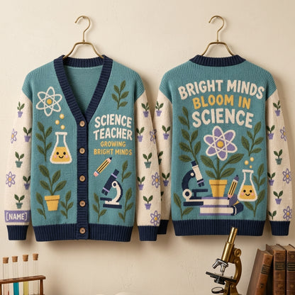 Personalized Cute Science Teacher Knitted Cardigan – Growing Bright Minds Gift - mockup 3