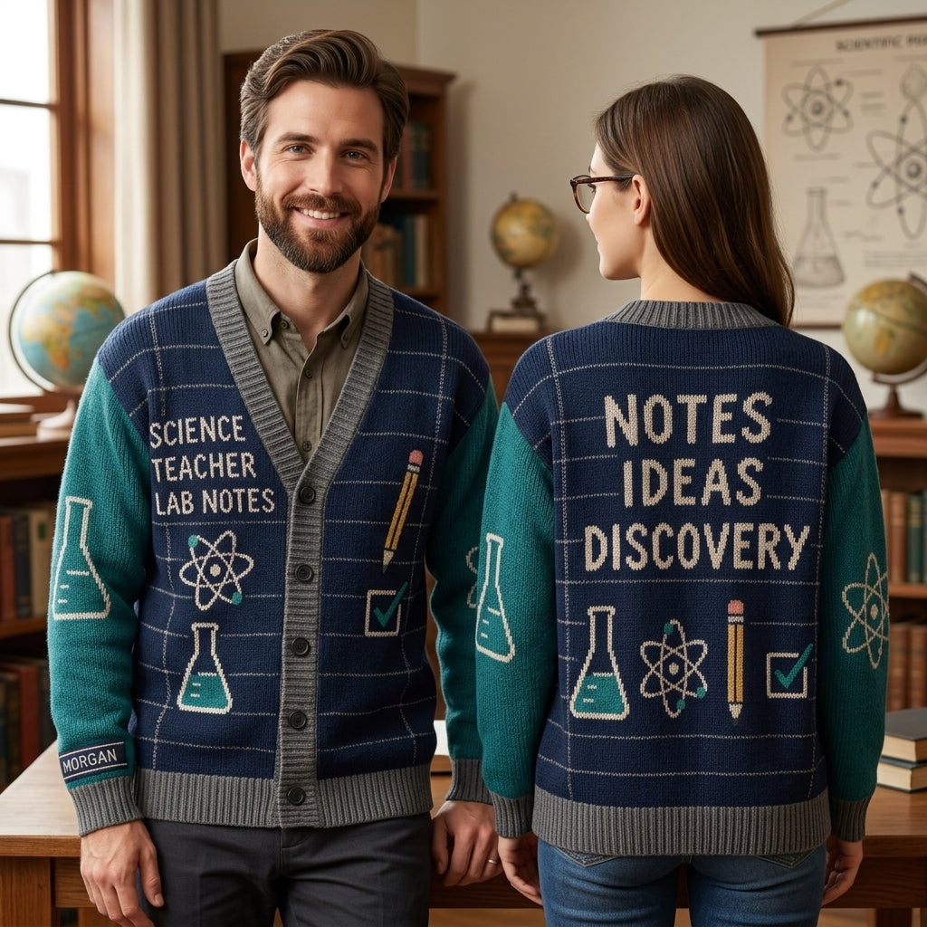 Personalized Science Teacher Lab Notes Knitted Cardigan – Custom Gift for Educators - mockup 1
