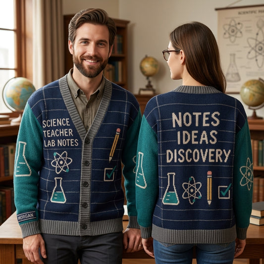 Personalized Science Teacher Lab Notes Knitted Cardigan – Custom Gift for Educators - mockup 1