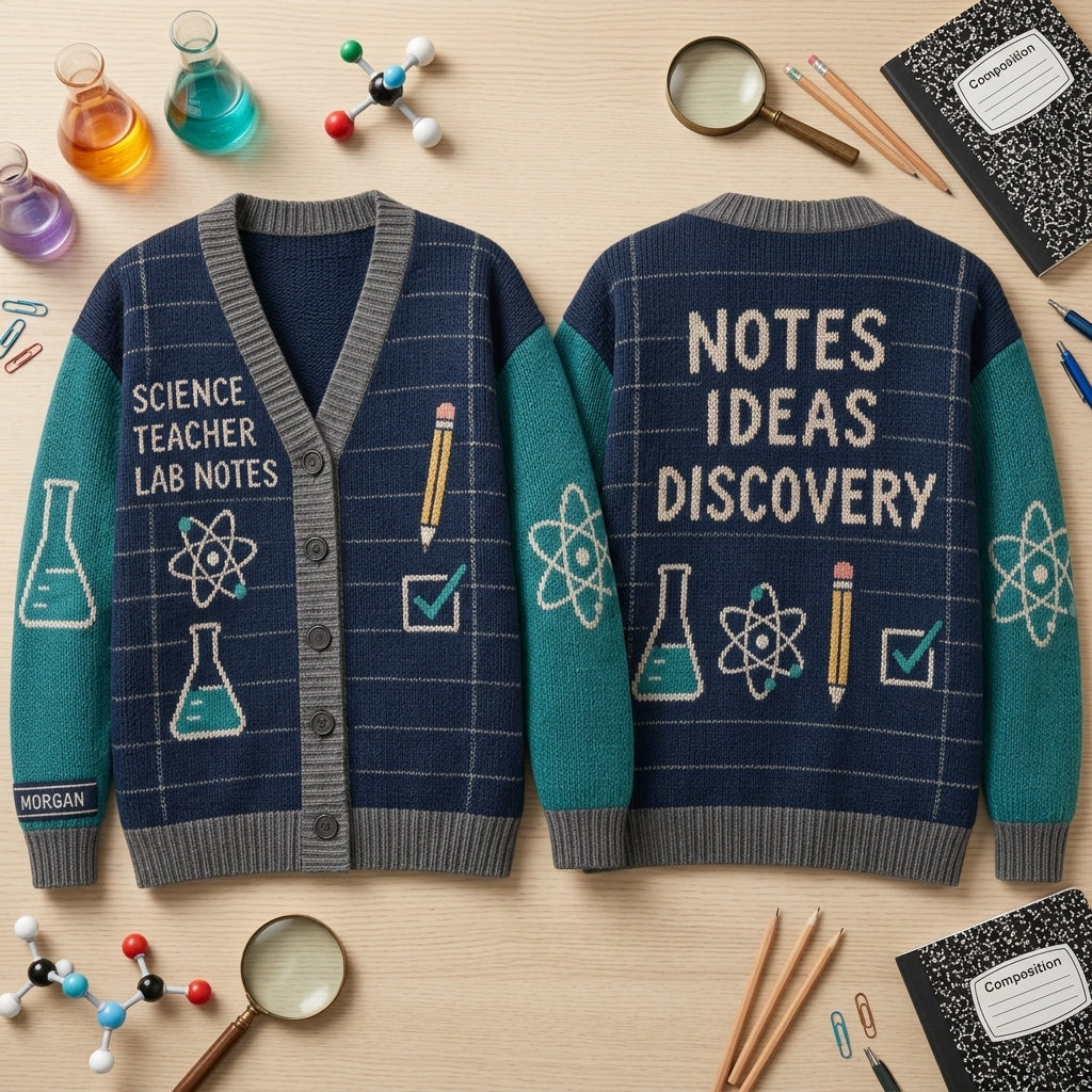 Personalized Science Teacher Lab Notes Knitted Cardigan – Custom Gift for Educators - mockup 2