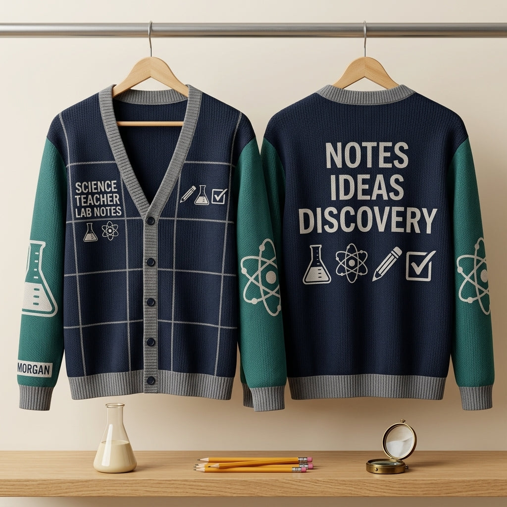 Personalized Science Teacher Lab Notes Knitted Cardigan – Custom Gift for Educators - mockup 3