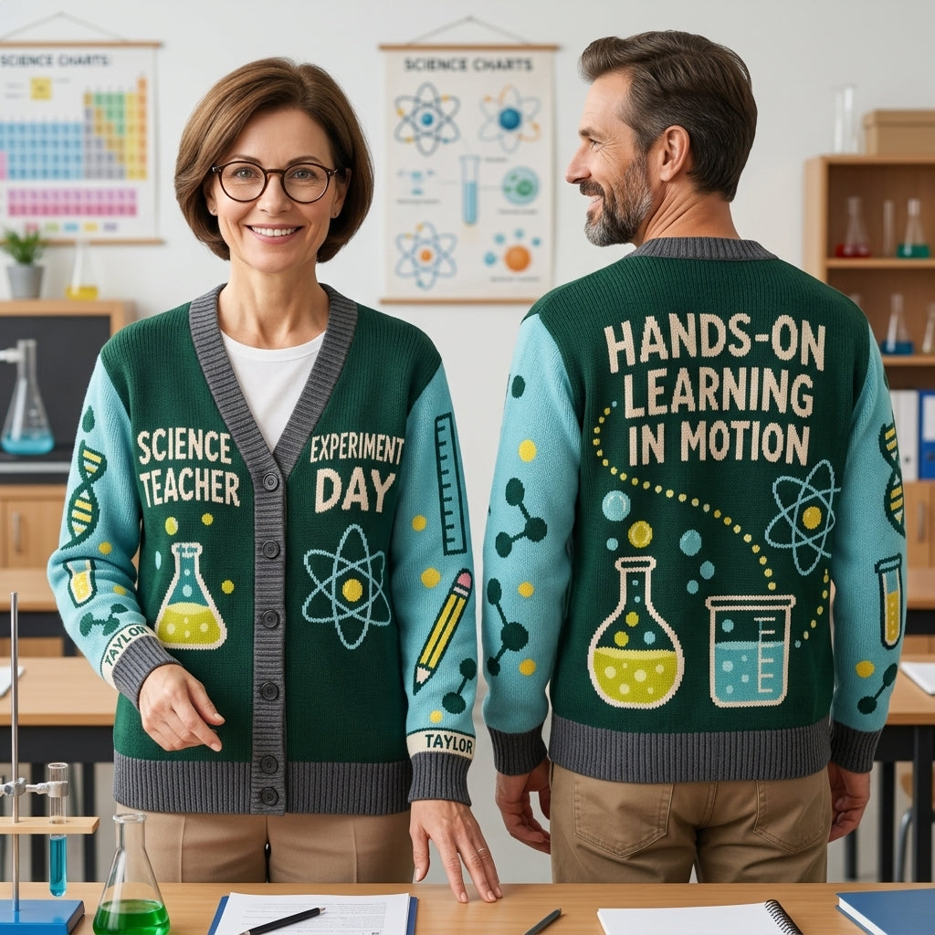 Custom Science Teacher Experiment Day Knitted Cardigan - Personalized Educator Gift - mockup 1