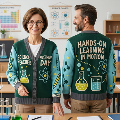 Custom Science Teacher Experiment Day Knitted Cardigan - Personalized Educator Gift - mockup 1