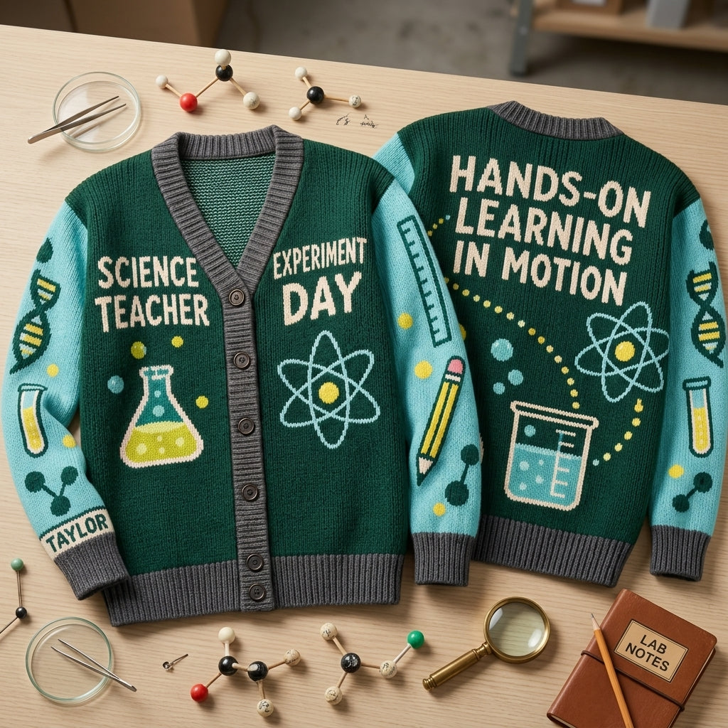 Custom Science Teacher Experiment Day Knitted Cardigan - Personalized Educator Gift - mockup 2