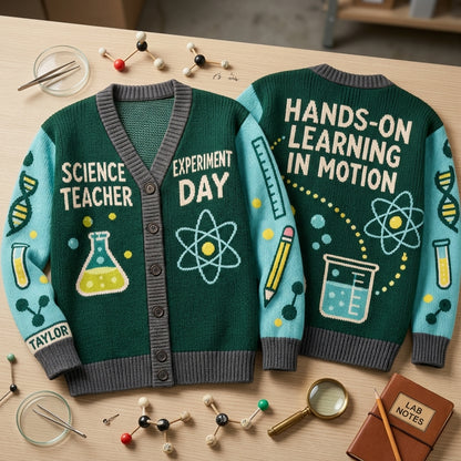 Custom Science Teacher Experiment Day Knitted Cardigan - Personalized Educator Gift - mockup 2