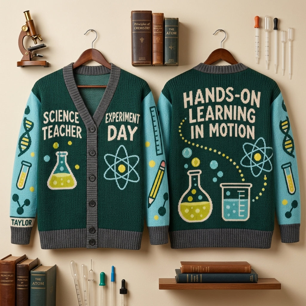 Custom Science Teacher Experiment Day Knitted Cardigan - Personalized Educator Gift - mockup 3