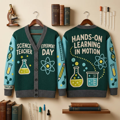 Custom Science Teacher Experiment Day Knitted Cardigan - Personalized Educator Gift - mockup 3