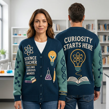 Personalized Science Teacher Curious Minds Knitted Cardigan – Custom Teacher Appreciation Gift - mockup 1