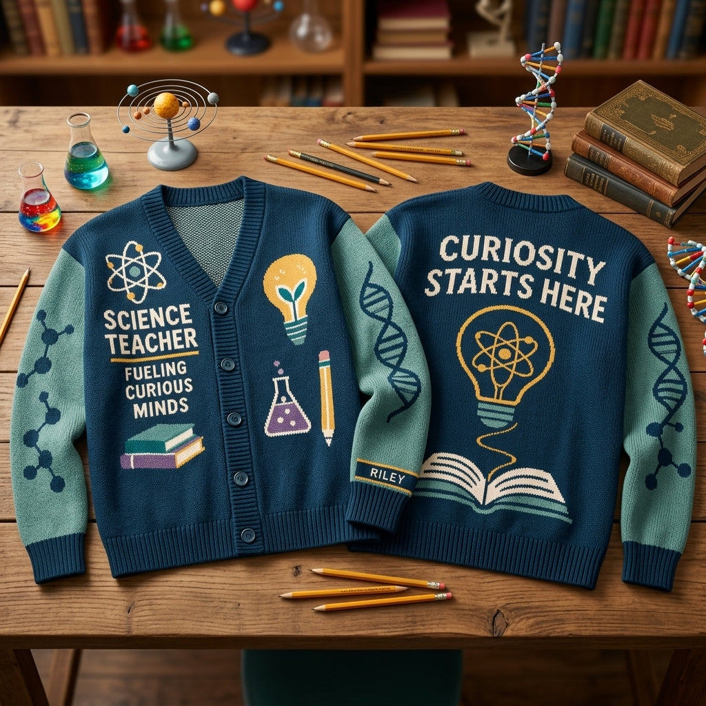 Personalized Science Teacher Curious Minds Knitted Cardigan – Custom Teacher Appreciation Gift - mockup 2