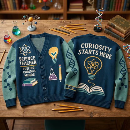 Personalized Science Teacher Curious Minds Knitted Cardigan – Custom Teacher Appreciation Gift - mockup 2